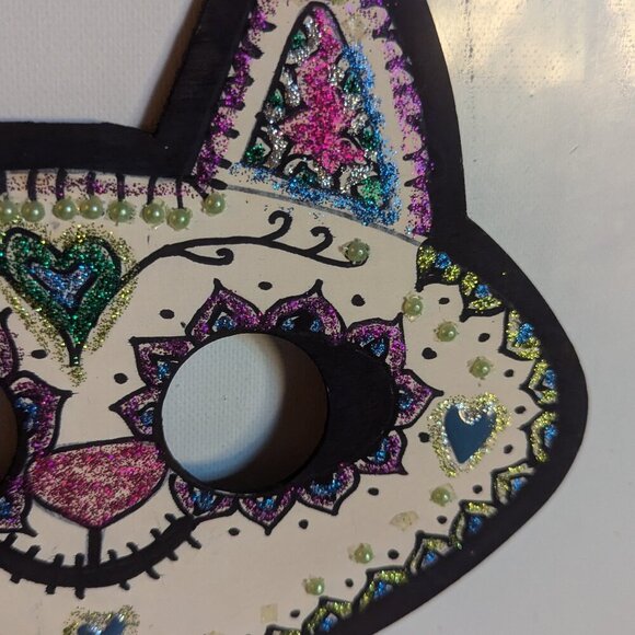 OOAK Sugar Skull Cat Halloween Wood Mask Muertos Artist Masquerade Costume DDLM - Picture 4 of 13